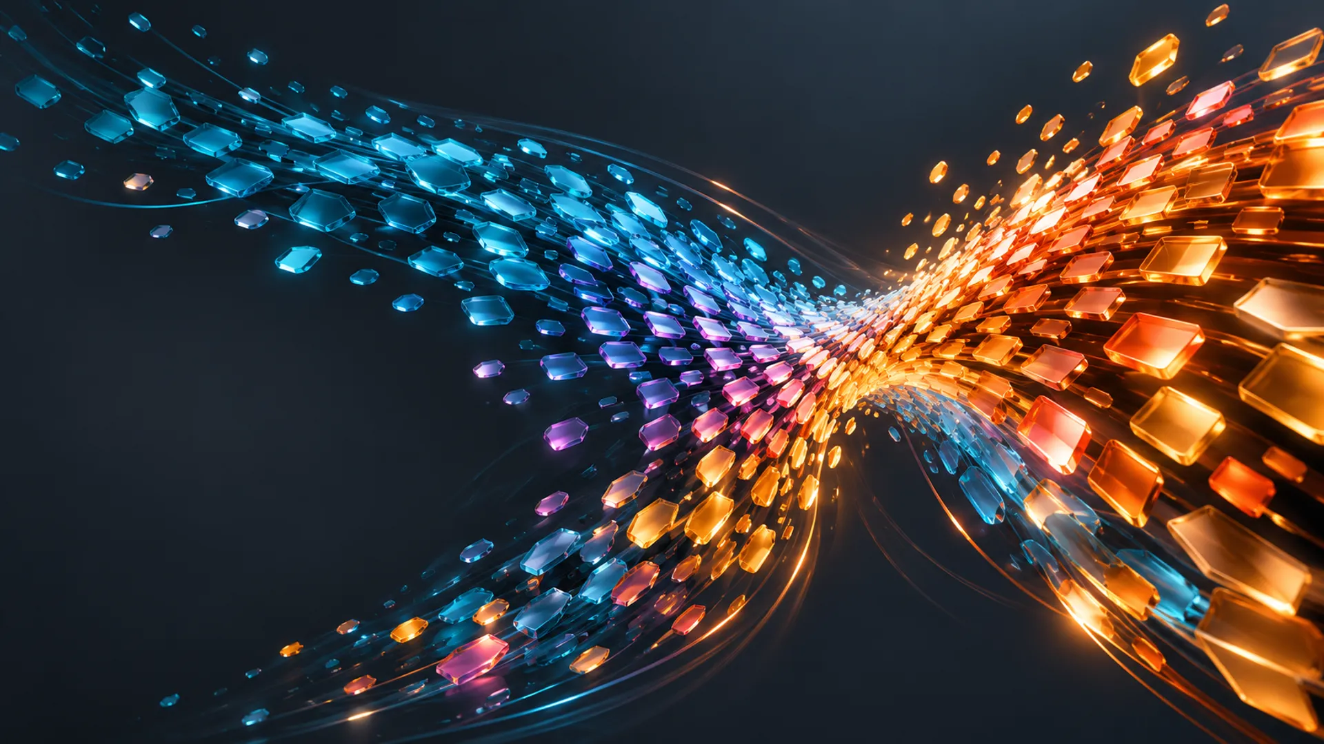 Aqua and amber facets moving together in coordinated streams