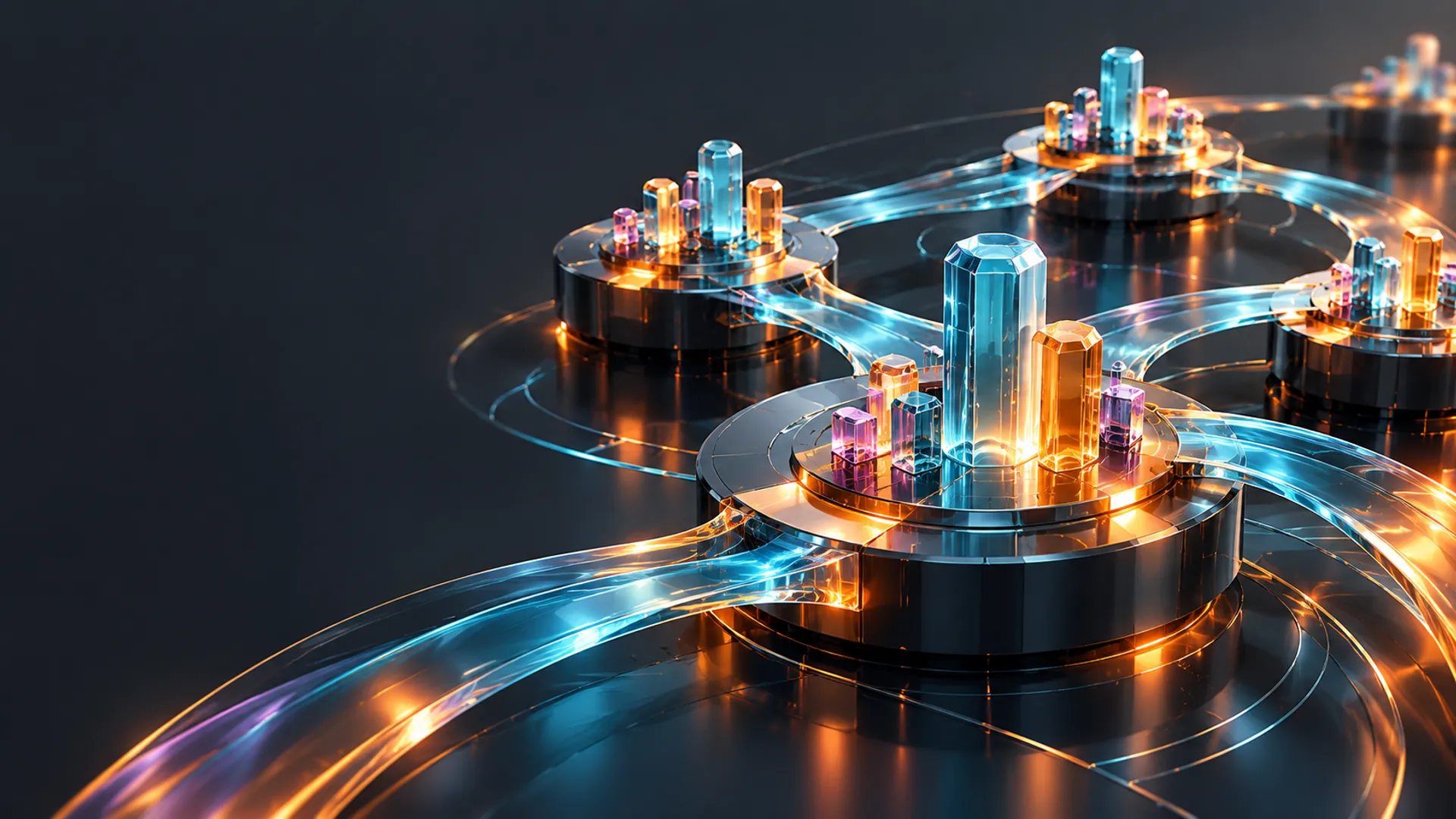 Connected circular hubs supporting aqua and amber structures