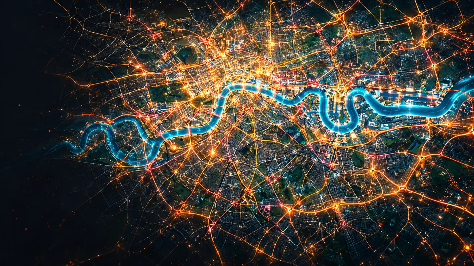 An illuminated interpretation of London, with the Thames in blue and streets in amber