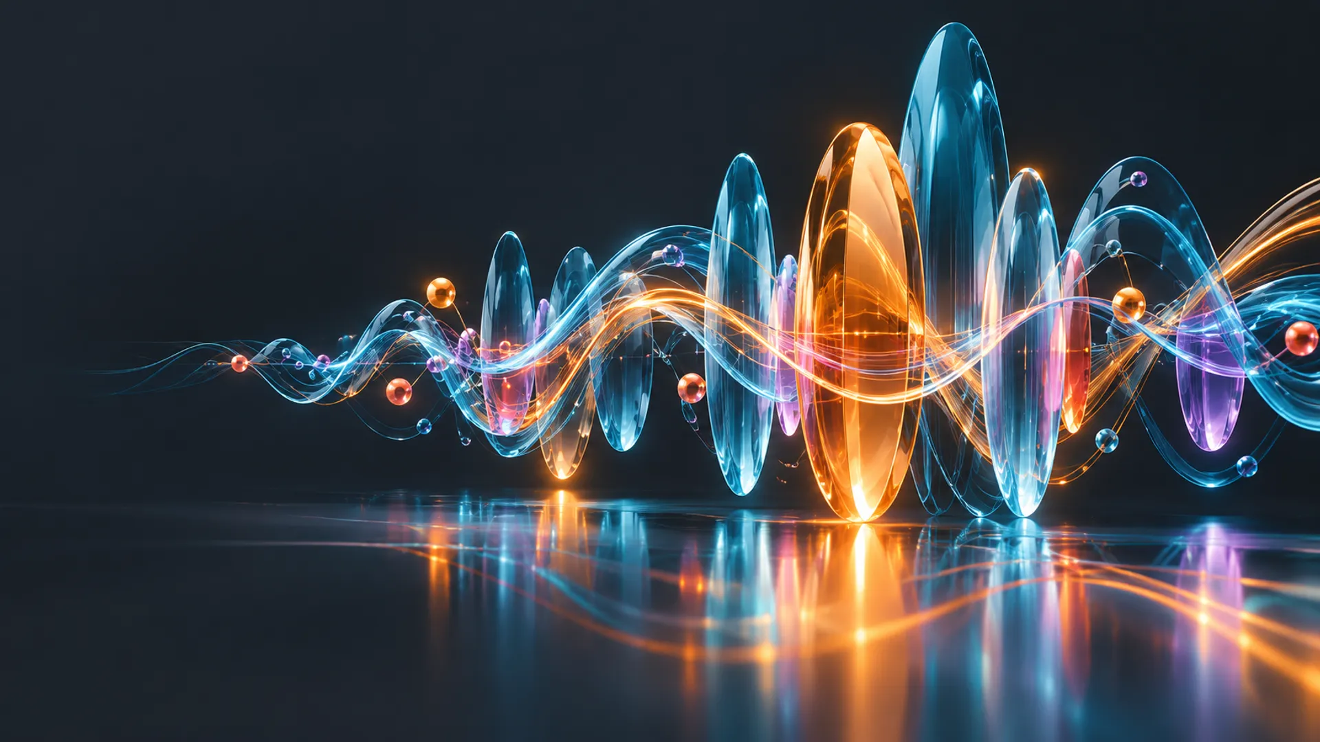 Aqua and amber signal waves rising across a charcoal surface